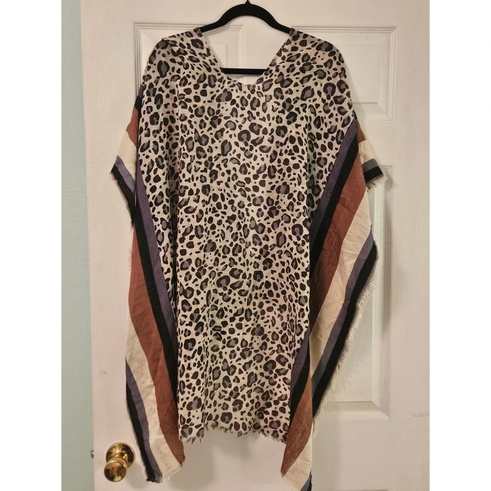 Echo Leopard Print Striped Poncho Shawl Viscose Wool Blend Wrap One Size